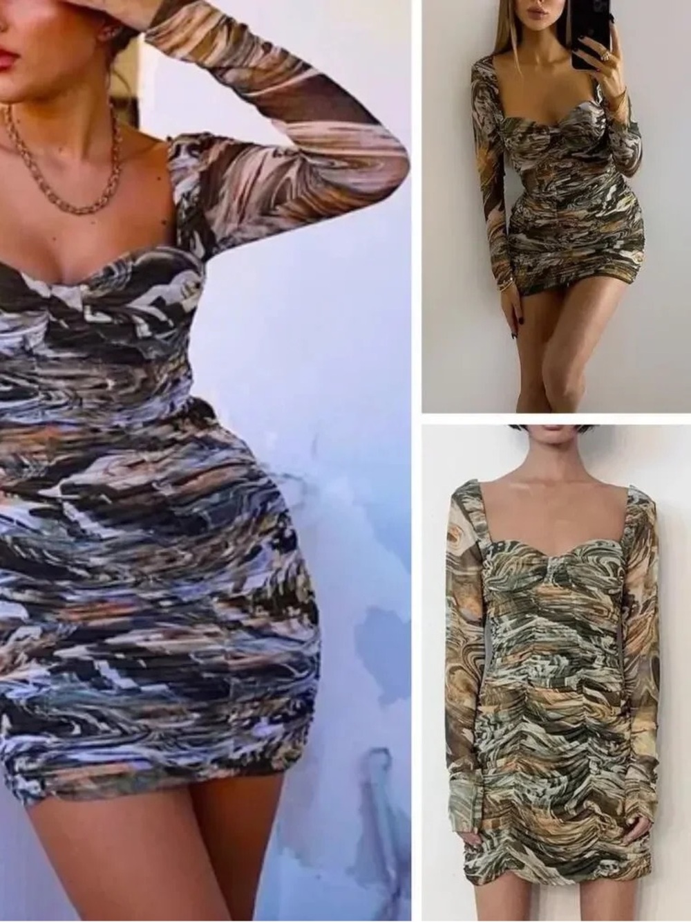 Zara Marble-Print Long-Sleeve Draped Mesh Tulle Mini Dress